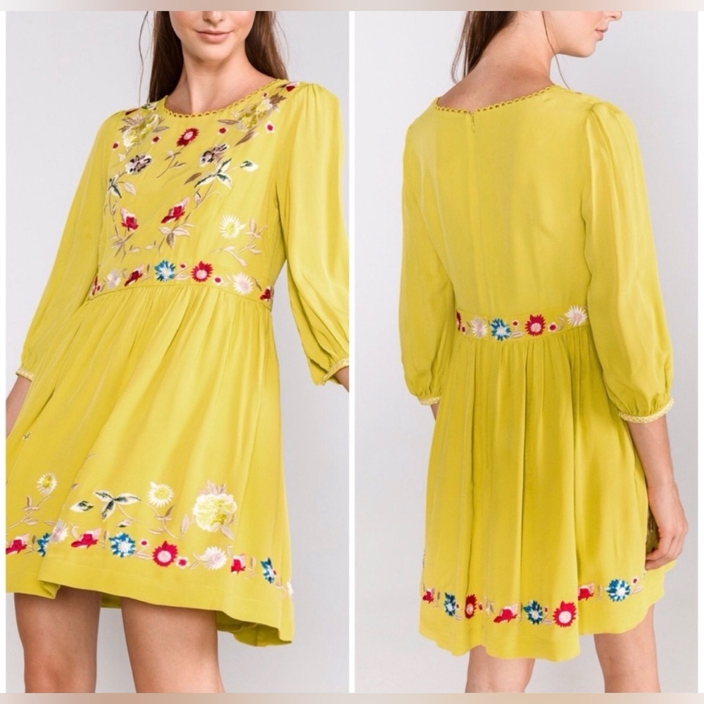🆕French Connection Saya Crepe Yellow Floral-Embroidered Mini Dress 6🆕